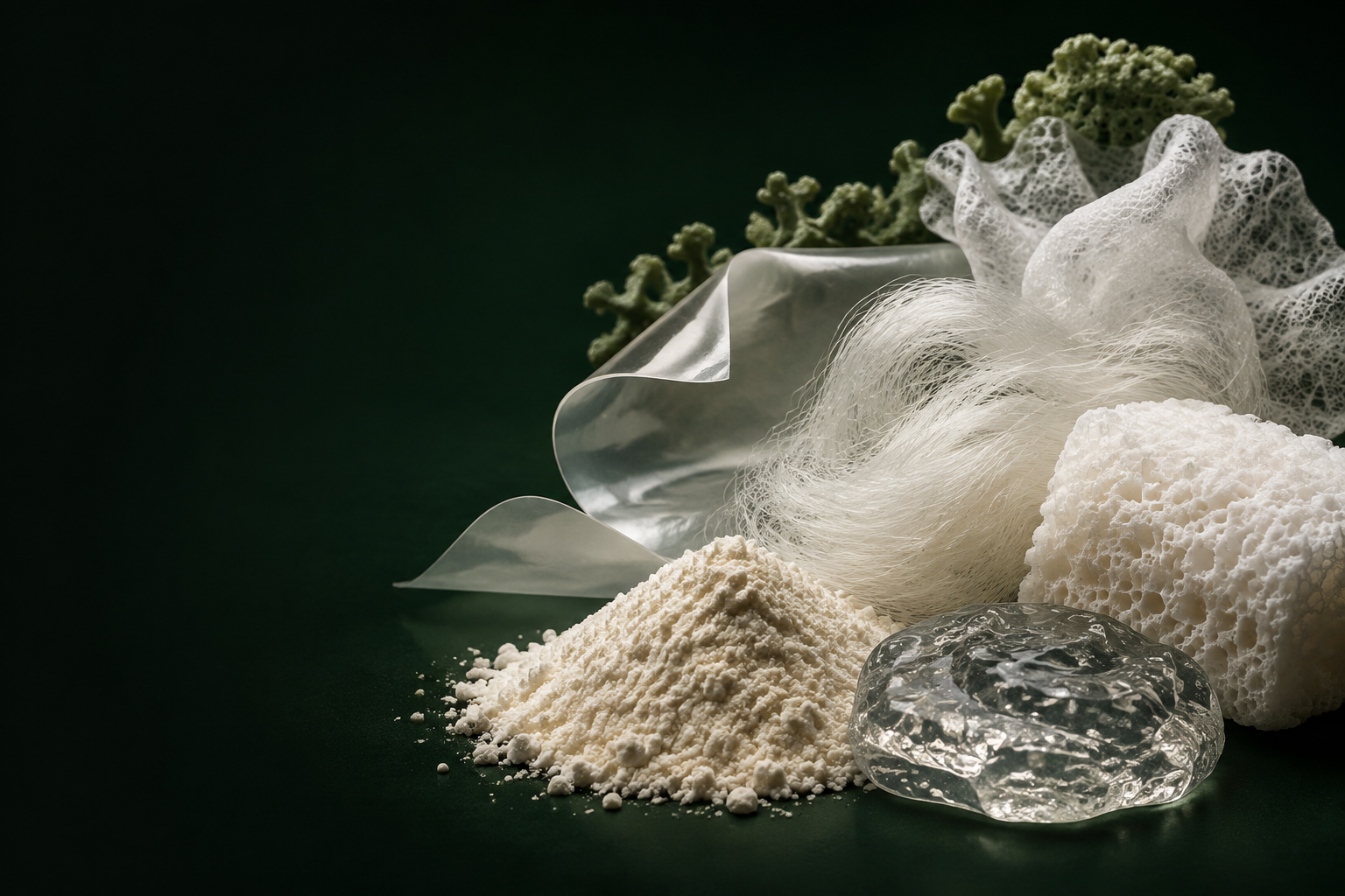 Chitosan powder, film, fiber, hydrogel and sponge material formats